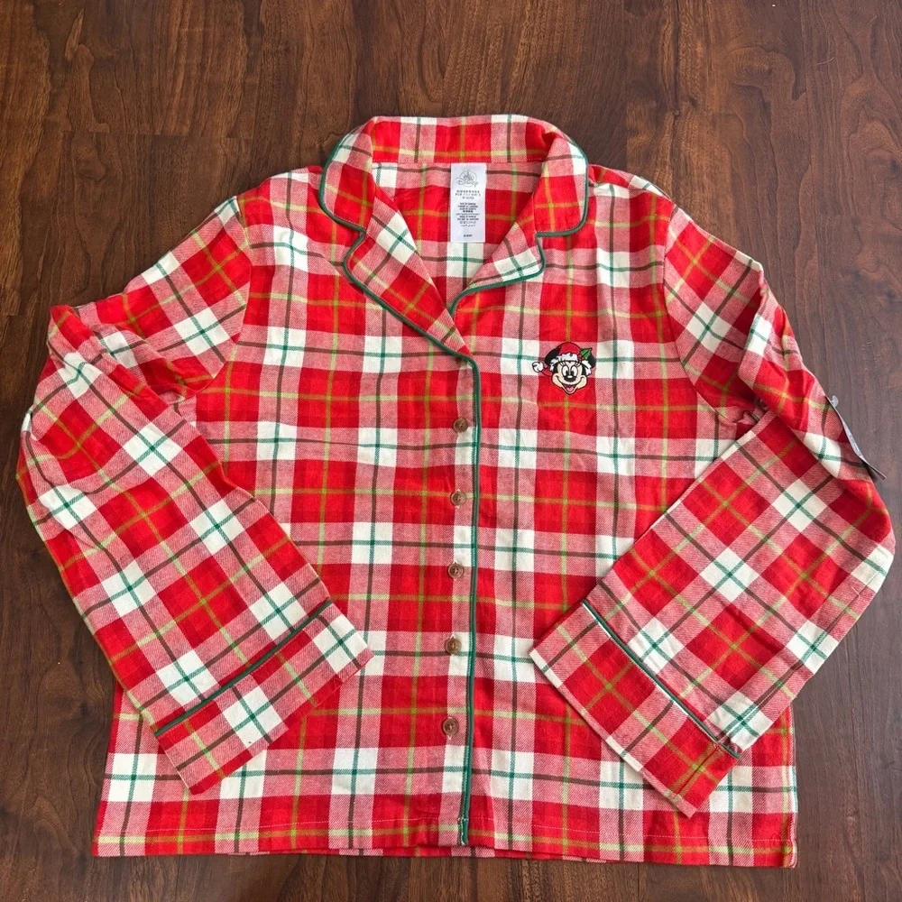 Disney Minnie Mouse Christmas Red and Green Plaid Fabric Pajama Top - Picture 3 of 8